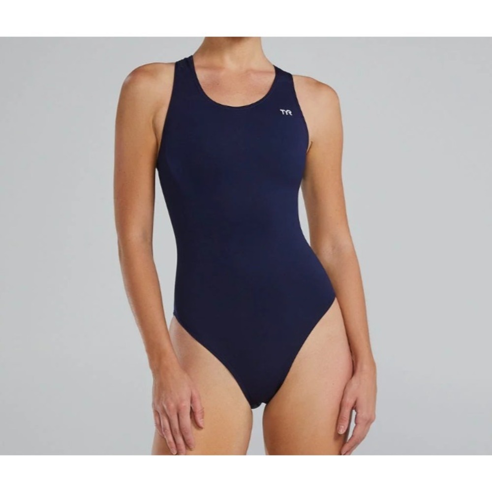 TYR Swimsuit‎ Womens Size Med One Piece Solid Navy Blue Maxfit Durafast Athletic